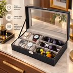 Watch and Glasses Storage Box - Separate Accessory Compartments, 12.99" × 7.87" × 3.15"