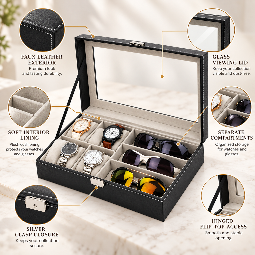 Watch and Glasses Storage Box - Separate Accessory Compartments, 12.99" × 7.87" × 3.15"