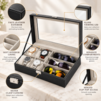 Watch and Glasses Storage Box - Separate Accessory Compartments, 12.99" × 7.87" × 3.15"