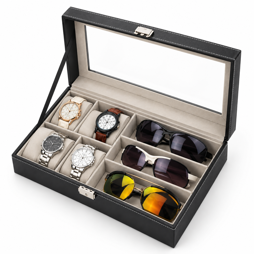 Watch and Glasses Storage Box - Separate Accessory Compartments, 12.99" × 7.87" × 3.15"