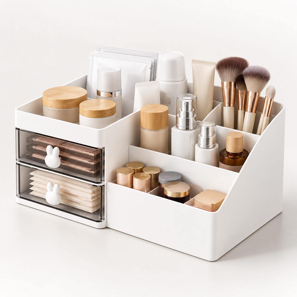 5 Compartments Cosmetics Organizer With 2 Drawers - Plastic, 10" x 6" x 4"
