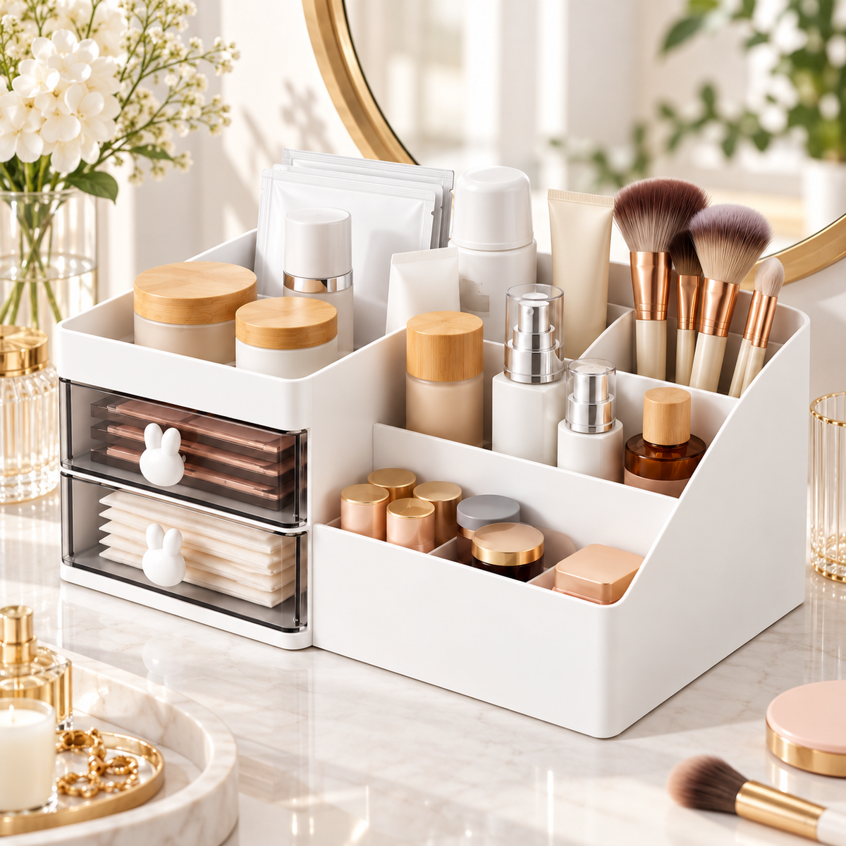 5 Compartments Cosmetics Organizer With 2 Drawers - Plastic, 10" x 6" x 4"