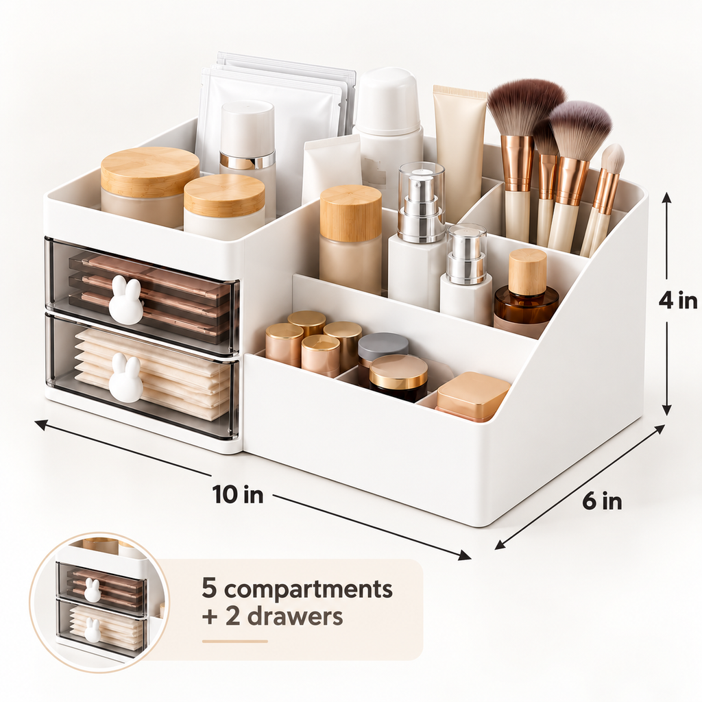 5 Compartments Cosmetics Organizer With 2 Drawers - Plastic, 10" x 6" x 4"