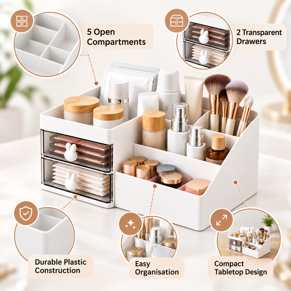 5 Compartments Cosmetics Organizer With 2 Drawers - Plastic, 10" x 6" x 4"