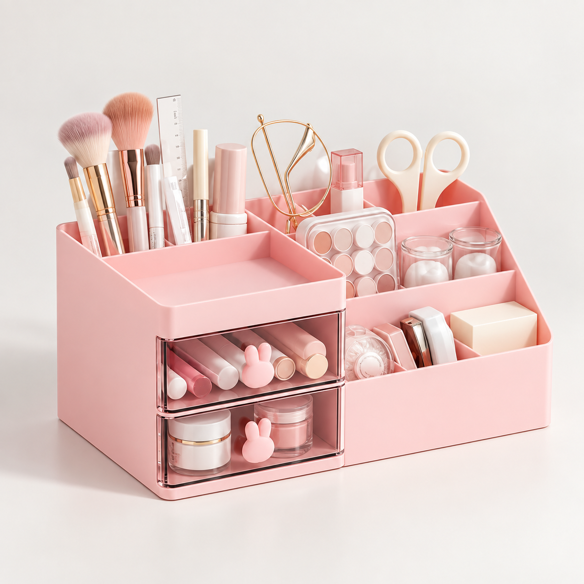 5 Compartments Cosmetics Organizer With 2 Drawers - Plastic, 10" x 6" x 4"