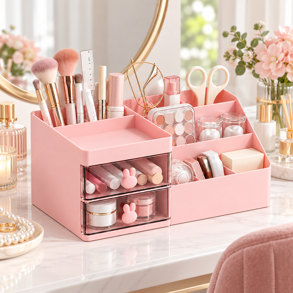 5 Compartments Cosmetics Organizer With 2 Drawers - Plastic, 10" x 6" x 4"