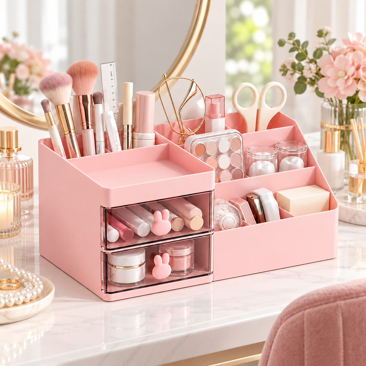 5 Compartments Cosmetics Organizer With 2 Drawers - Plastic, 10" x 6" x 4"
