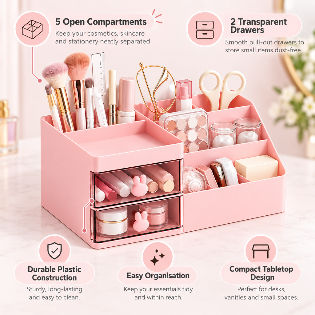 5 Compartments Cosmetics Organizer With 2 Drawers - Plastic, 10" x 6" x 4"