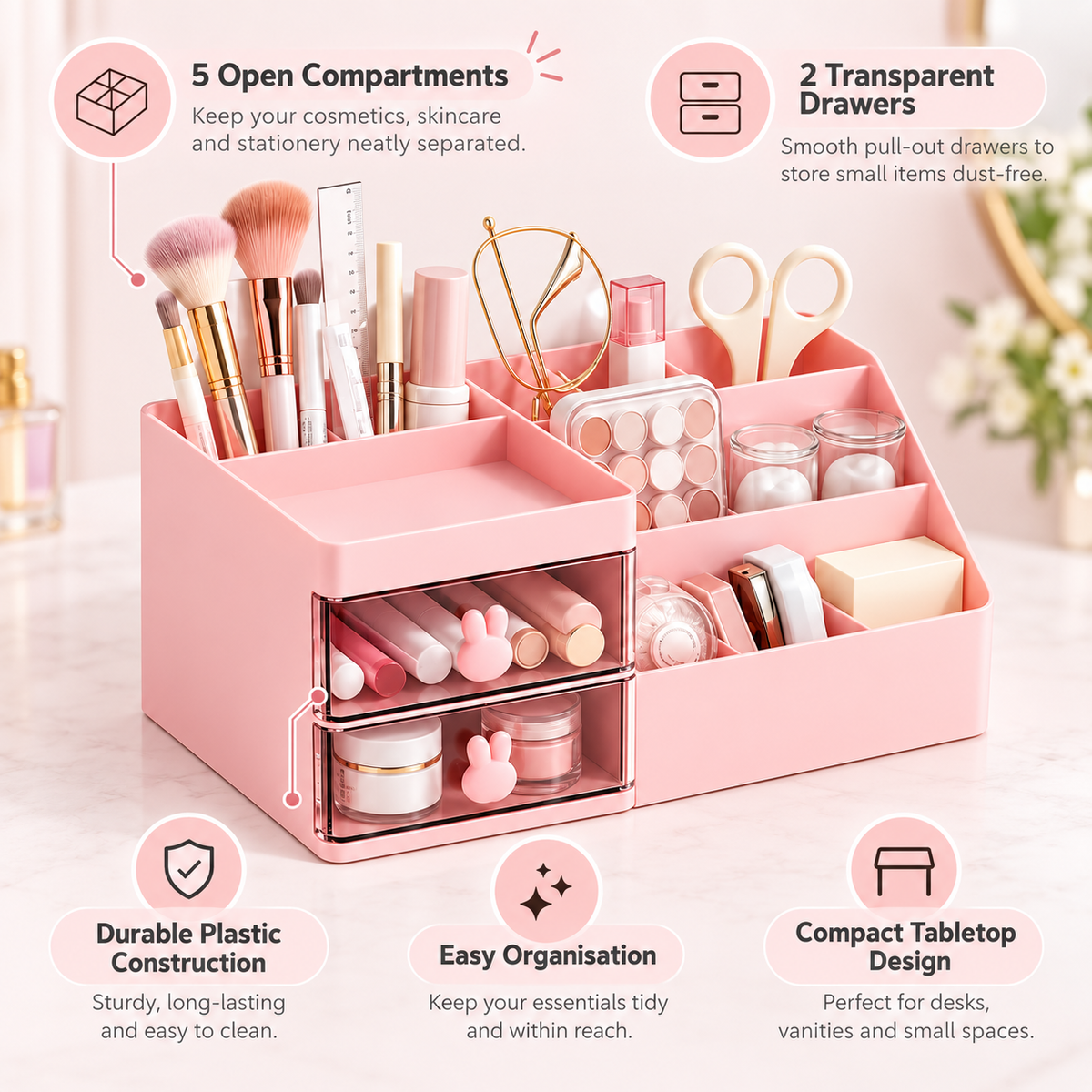 5 Compartments Cosmetics Organizer With 2 Drawers - Plastic, 10" x 6" x 4"