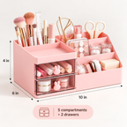 5 Compartments Cosmetics Organizer With 2 Drawers - Plastic, 10" x 6" x 4"
