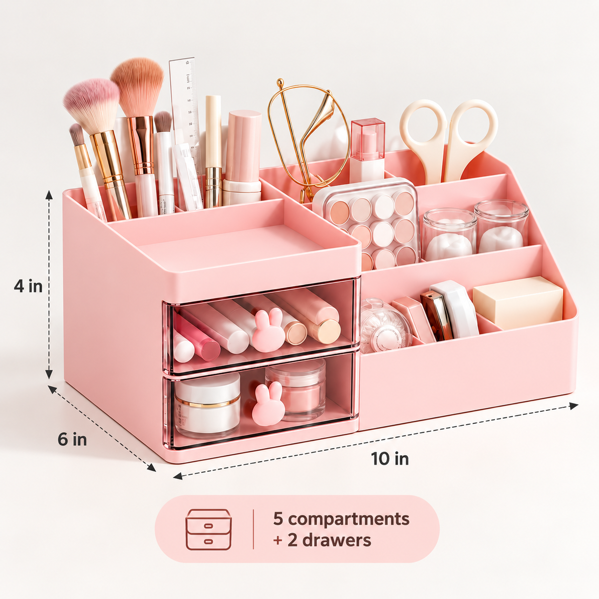 5 Compartments Cosmetics Organizer With 2 Drawers - Plastic, 10" x 6" x 4"