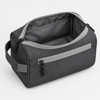 A dark gray heathered toiletry bag with an open top, featuring a front zippered pocket, a side carry handle, and a gray interior, shown on a light gray background.
