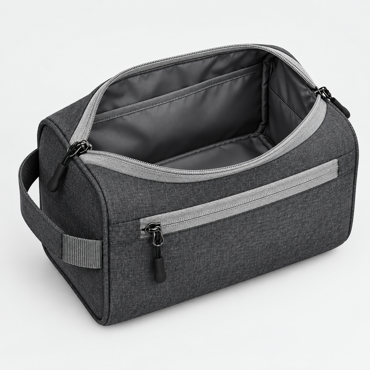 A dark gray heathered toiletry bag with an open top, featuring a front zippered pocket, a side carry handle, and a gray interior, shown on a light gray background.
