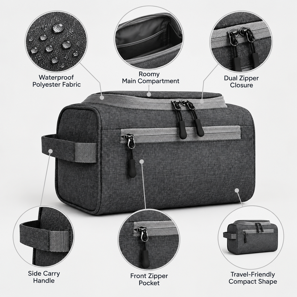 Dark gray travel organizer bag with multiple labeled callout circles showing features: waterproof polyester fabric, roomy main compartment, dual zipper closure, side carry handle, front zipper pocket, and compact travel shape.
