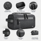 Dark gray travel organizer bag with multiple labeled callout circles showing features: waterproof polyester fabric, roomy main compartment, dual zipper closure, side carry handle, front zipper pocket, and compact travel shape.