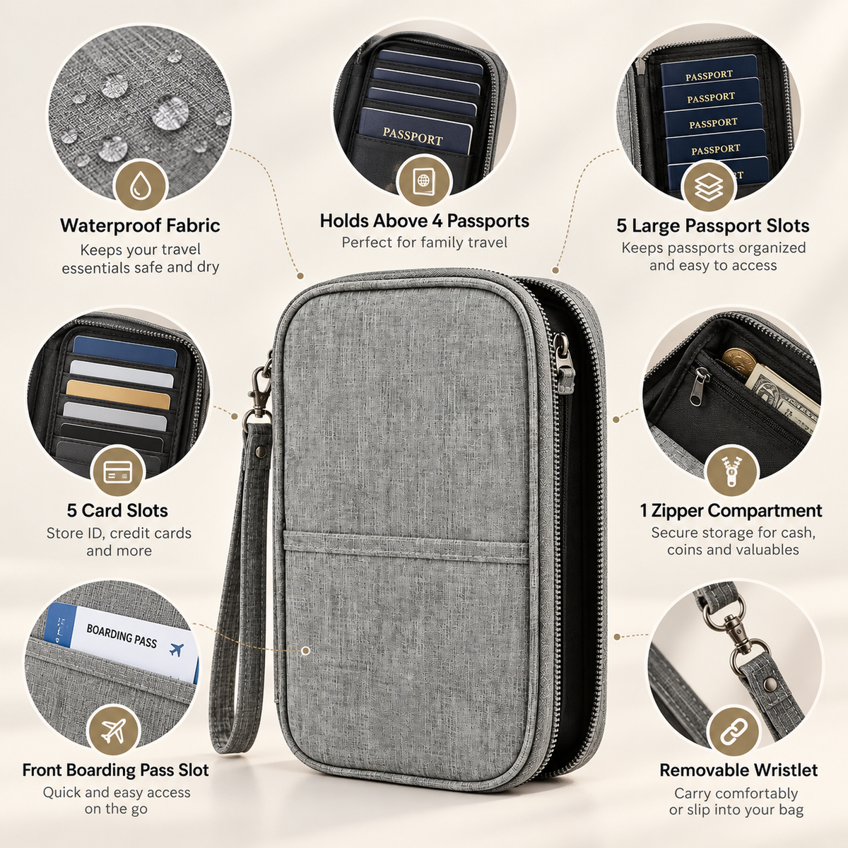 Passport Cover - Waterproof Fabric, 5 large slots - 9.5" x 5.5" x 1"