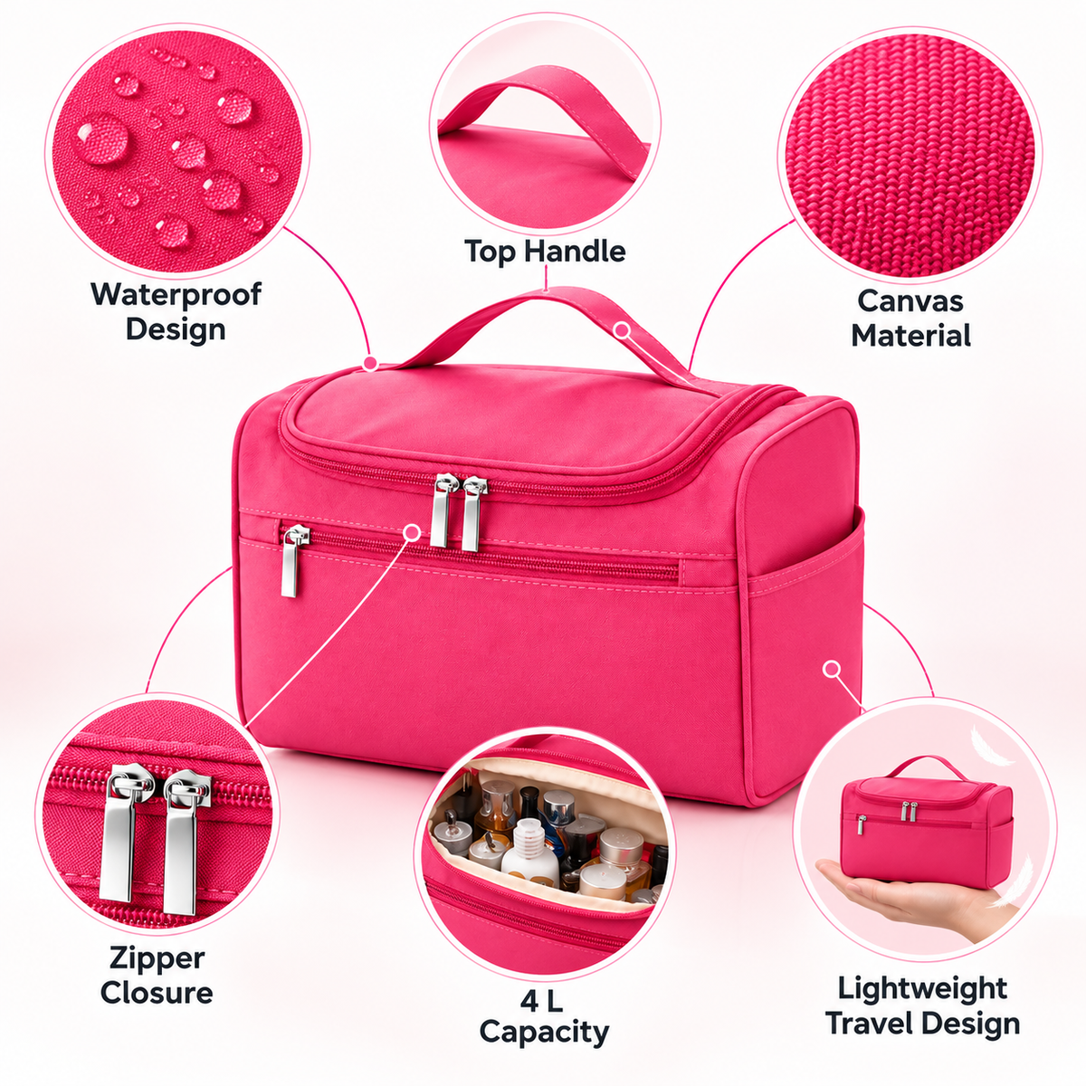 Canvas Cosmetic Travel Bag -  Waterproof,  9.8" x 6" x 6"