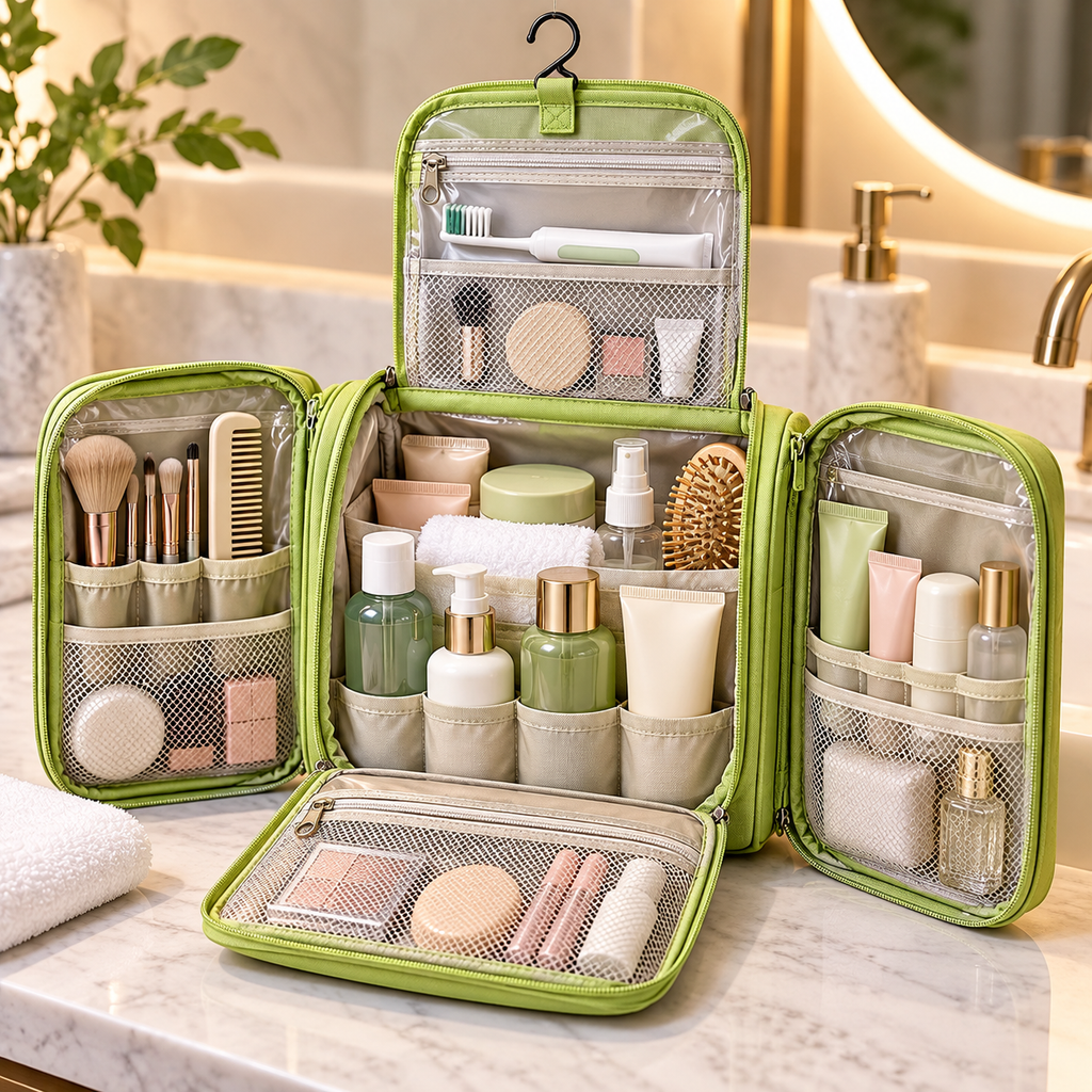 Hanging Travel Toiletry Bag – Waterproof Cosmetic & Wash Organizer with Hook, 9.1" × 4.1 "× 8.1"