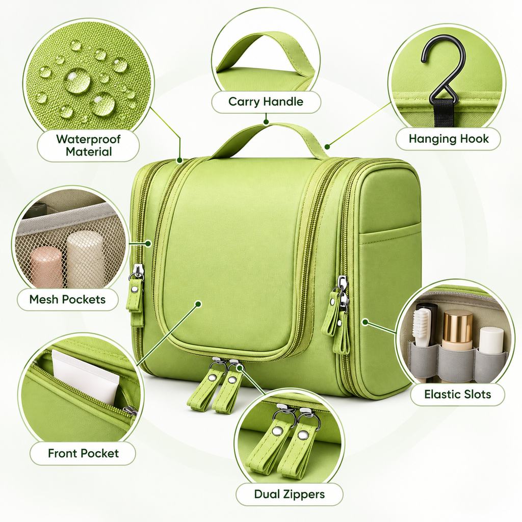 Hanging Travel Toiletry Bag – Waterproof Cosmetic & Wash Organizer with Hook, 9.1" × 4.1 "× 8.1"