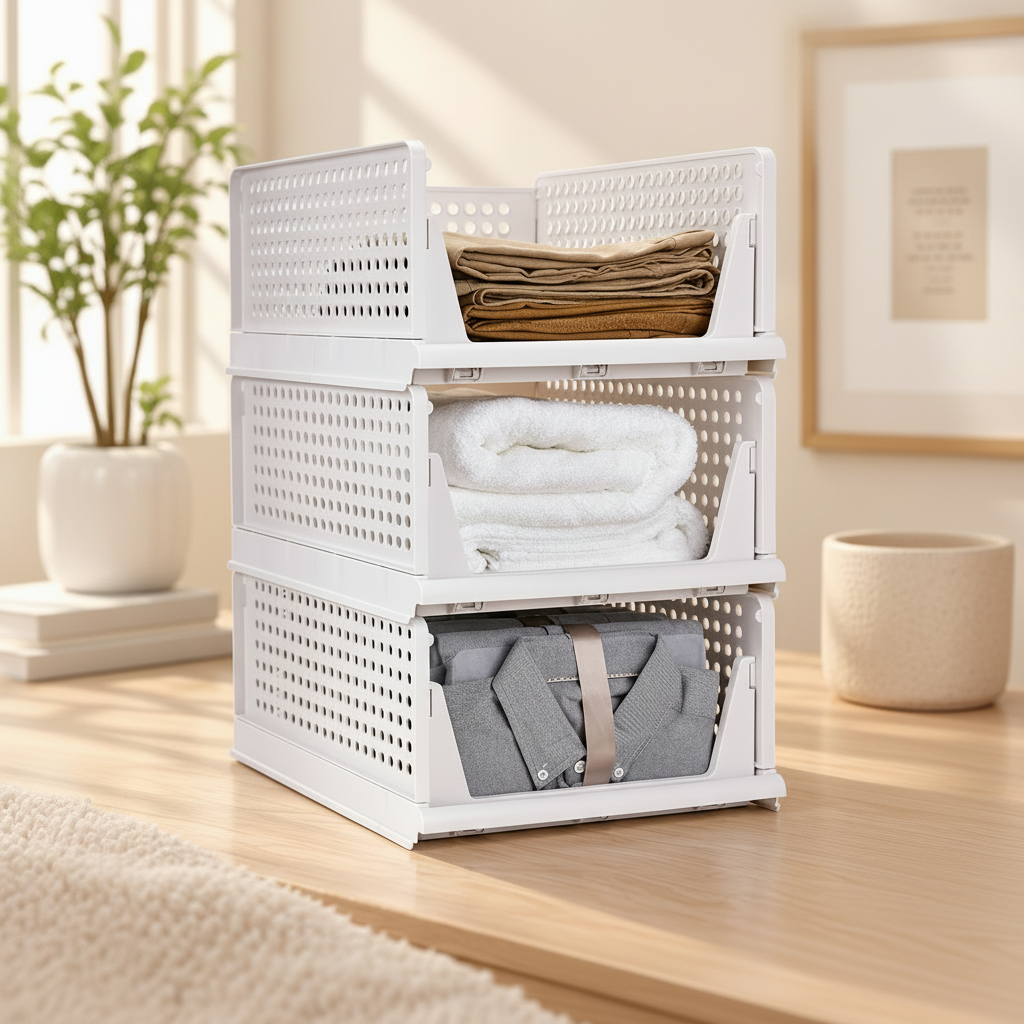 Three stacked white plastic mesh storage bins filled with folded clothes and towels, shown on a wooden floor in a bright room. The text 'PURPLE CHIMES' appears in the top right corner.