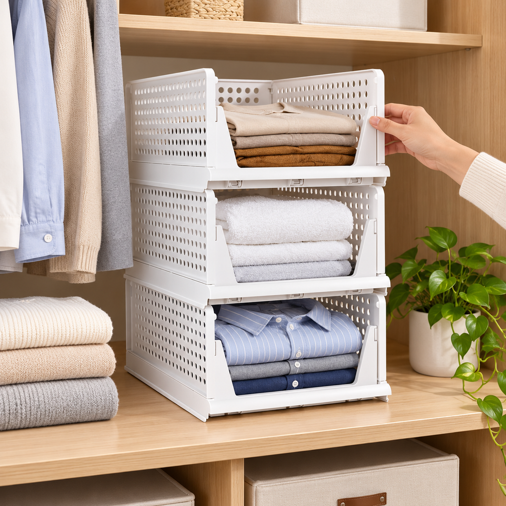 Shirt Storage Stacker for Wardrobe (Set of 3) - Large, Multipurpose, Foldable, 17.3" x 13.3" x 7.5"