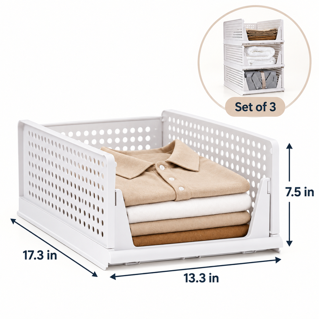 White plastic folding laundry basket shown with folded beige, white, and brown clothes inside, with dimension arrows indicating 17.3 in width, 13.