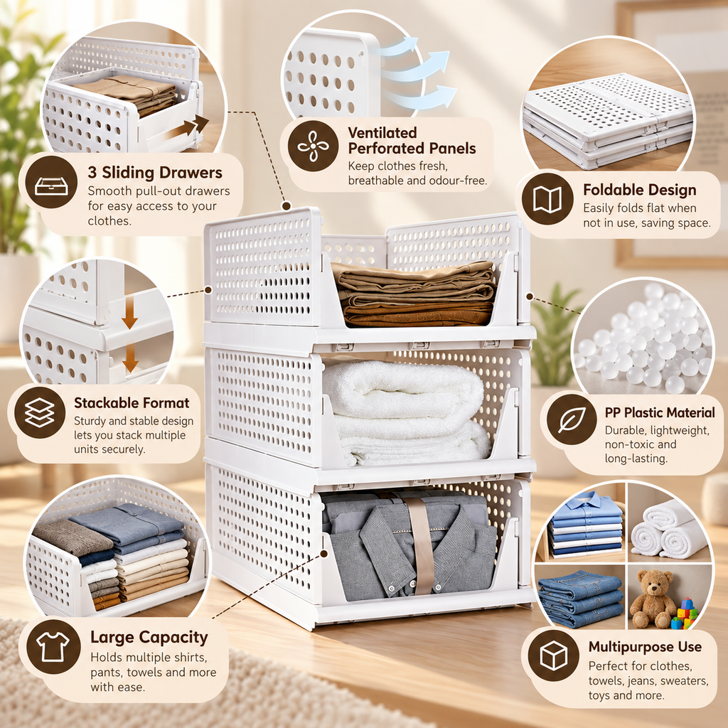 Shirt Storage Stacker for Wardrobe (Set of 3) - Large, Multipurpose, Foldable, 17.3" x 13.3" x 7.5"
