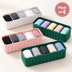 5 Compartment Socks Organizer Box (Pack of 4) - Stackable Plastic Storage, 10" x 3" x 2"