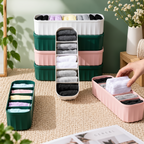 5 Compartment Socks Organizer Box (Pack of 4) - Stackable Plastic Storage, 10" x 3" x 2"
