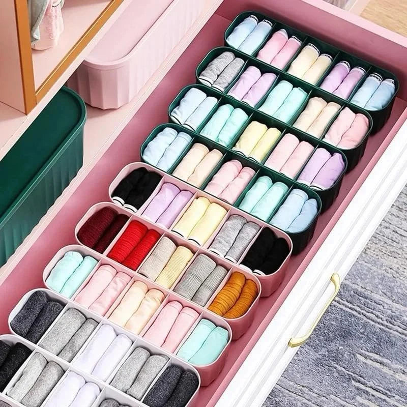 5 Compartment Socks Organizer Box (Pack of 4) - Stackable Plastic Storage, 10" x 3" x 2"