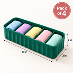 5 Compartment Socks Organizer Box (Pack of 4) - Stackable Plastic Storage, 10" x 3" x 2"