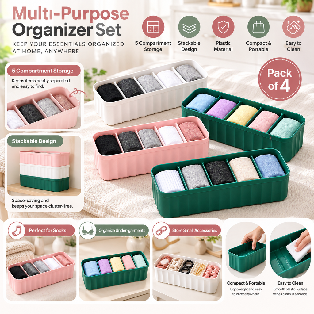 5 Compartment Socks Organizer Box (Pack of 4) - Stackable Plastic Storage, 10" x 3" x 2"