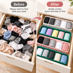 5 Compartment Socks Organizer Box (Pack of 4) - Stackable Plastic Storage, 10" x 3" x 2"