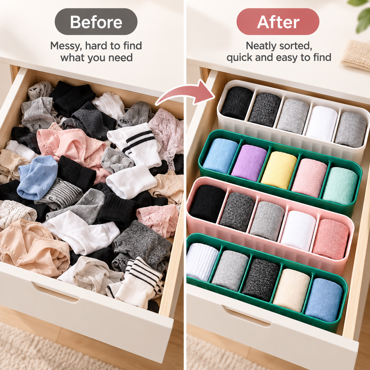 5 Compartment Socks Organizer Box (Pack of 4) - Stackable Plastic Storage, 10" x 3" x 2"