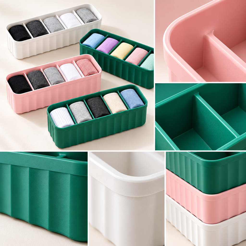 5 Compartment Socks Organizer Box (Pack of 4) - Stackable Plastic Storage, 10" x 3" x 2"