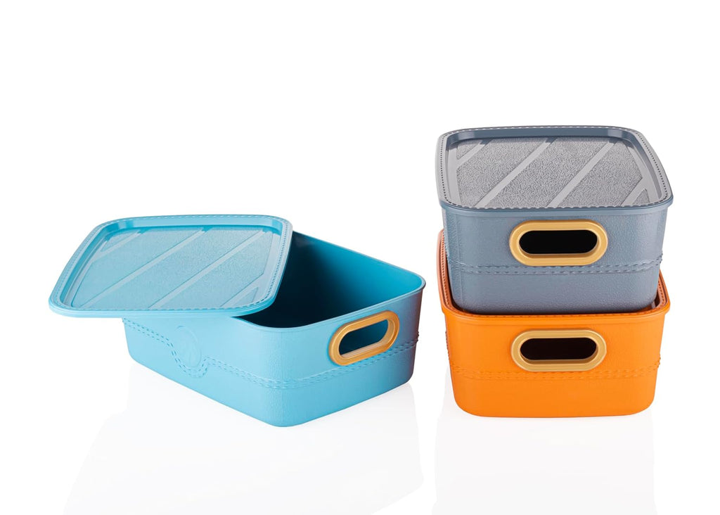 Storage Basket  (Set of 3) - Premium Leather Finish, Multicolor, 11" x 8" x 4"