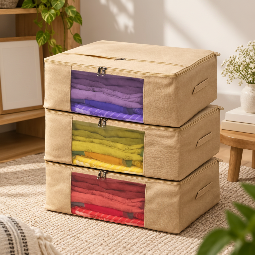 Cotton Canvas Multi-Purpose Storage Bag - Handle & Dual Pocket, 17" x 14" x 7"