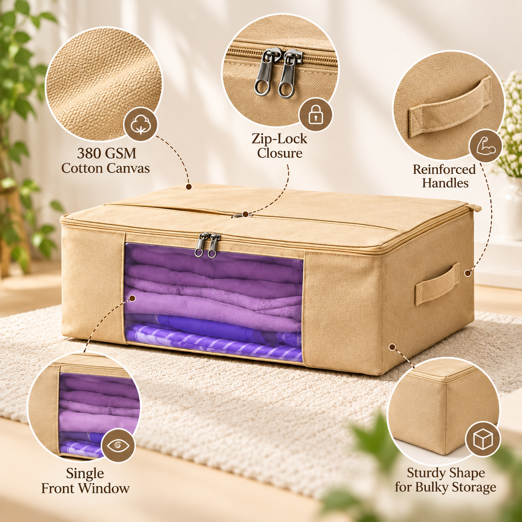 Cotton Canvas Multi-Purpose Storage Bag - Handle & Dual Pocket, 17" x 14" x 7"
