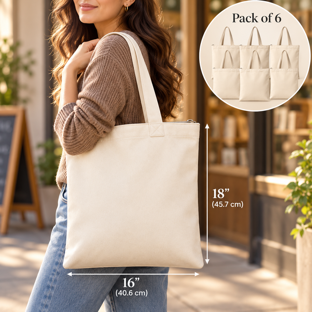 Cotton Canvas Tote Bag (Pack of 6) - 16" x 18"