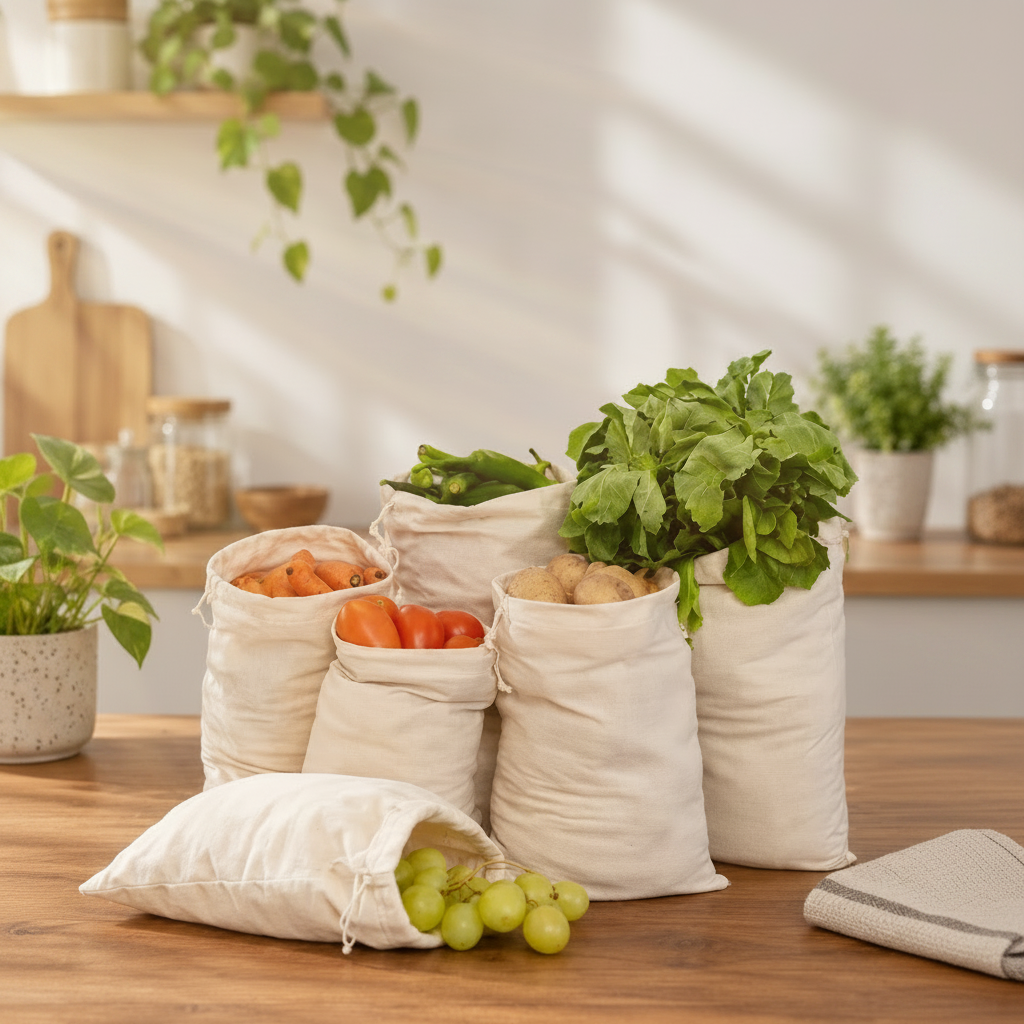 Natural canvas reusable grocery bags filled with fresh vegetables and greenery, arranged on a wooden table in a bright kitchen setting. The text 'purple chimes' appears in the top right corner.