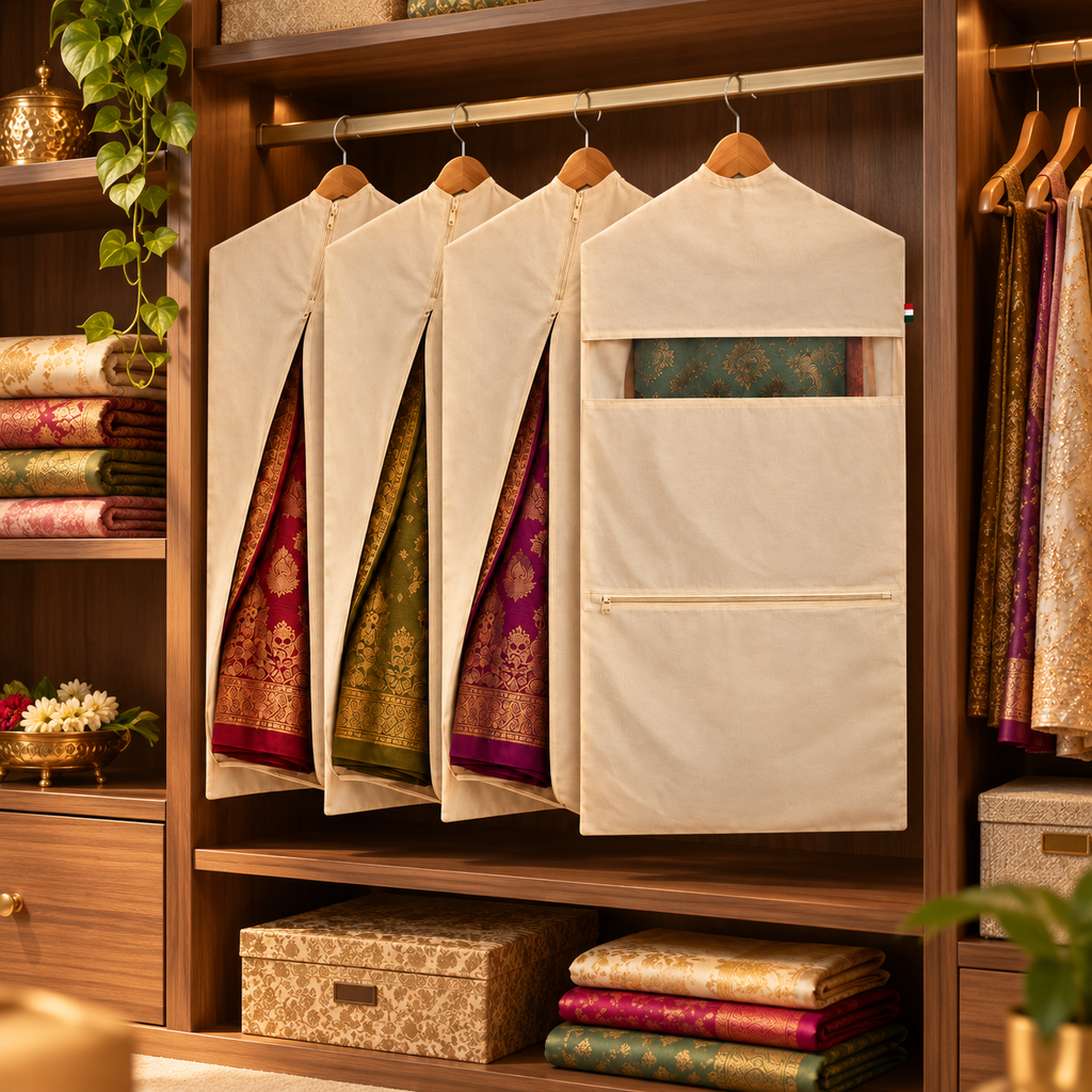 Cotton Saree Hanging Cover with Dual Pocket (Pack of 4) - 30" x  18"