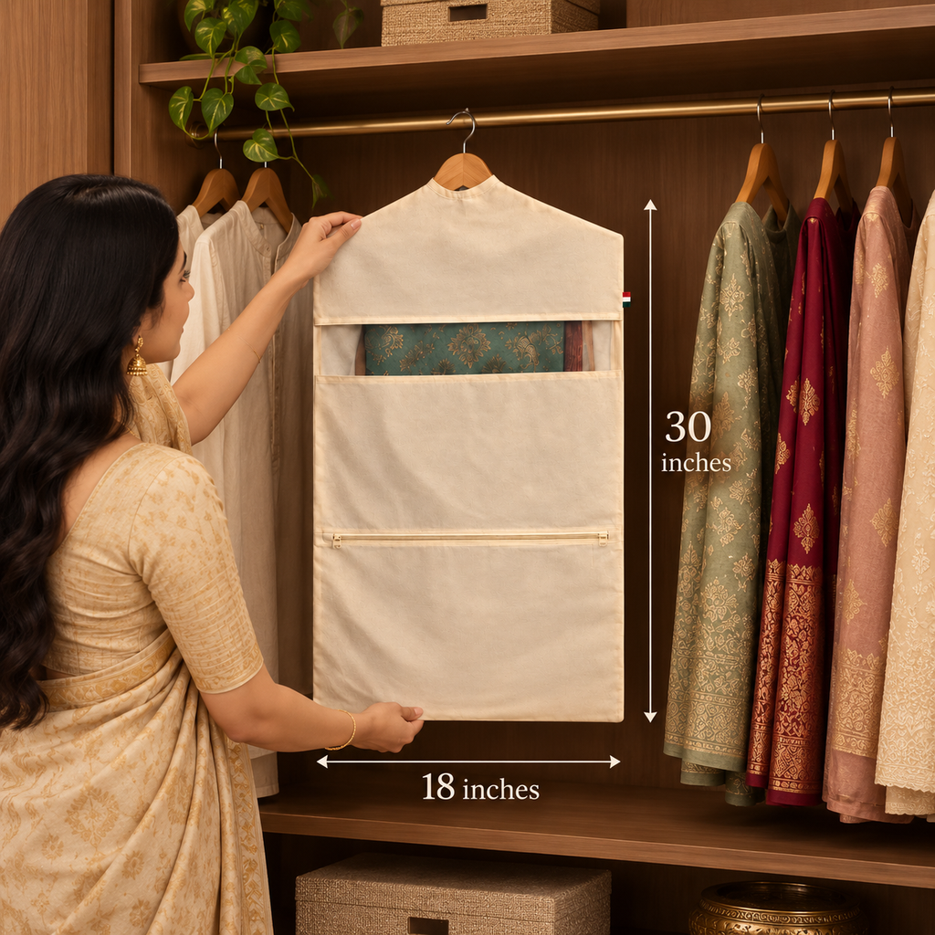 Cotton Saree Hanging Cover with Dual Pocket (Pack of 4) - 30" x  18"