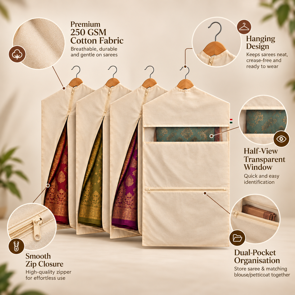 Cotton Saree Hanging Cover with Dual Pocket (Pack of 4) - 30" x  18"