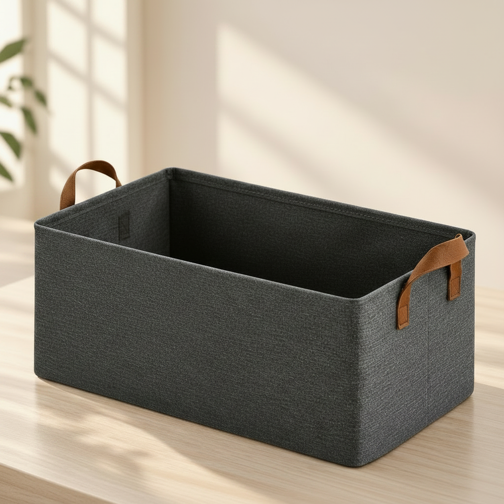 A dark gray fabric storage organizer box with brown handles, shown on a light wood table. Inside, rolled white and tan paper towels or toilet paper are neatly arranged.