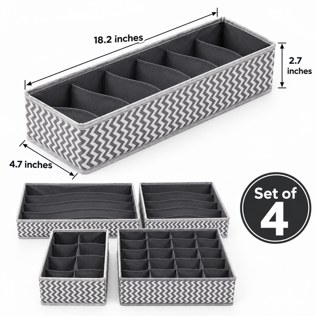 Drawer Organizer with divider For Socks,Undergarments, Ties etc (Set of 4)- 18.2" x 4.7" x 2.7"