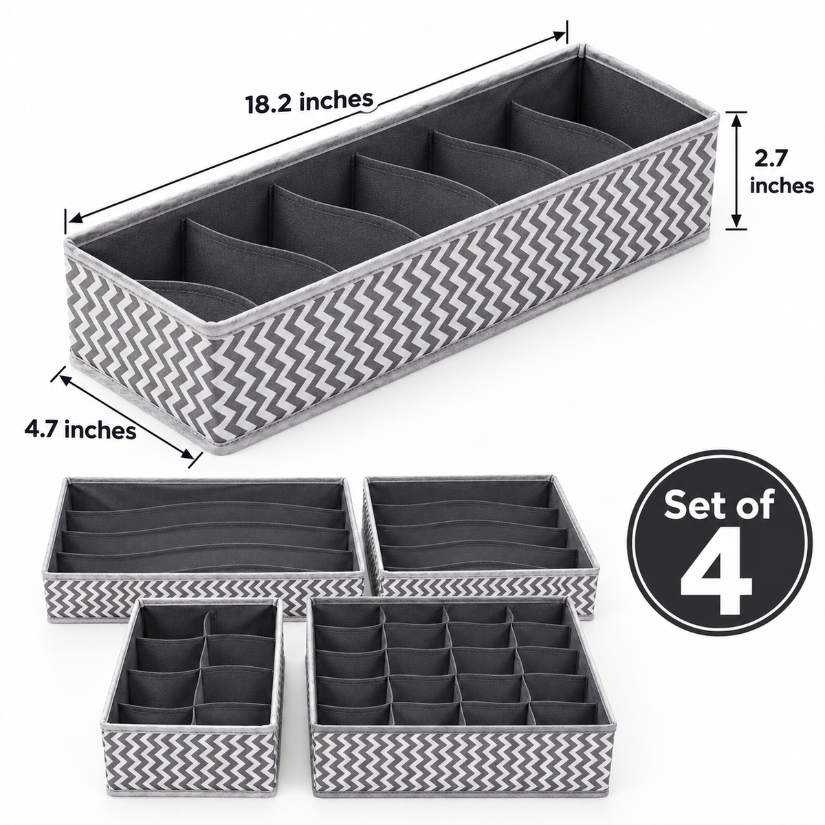 Drawer Organizer with divider For Socks,Undergarments, Ties etc (Set of 4)- 18.2" x 4.7" x 2.7"