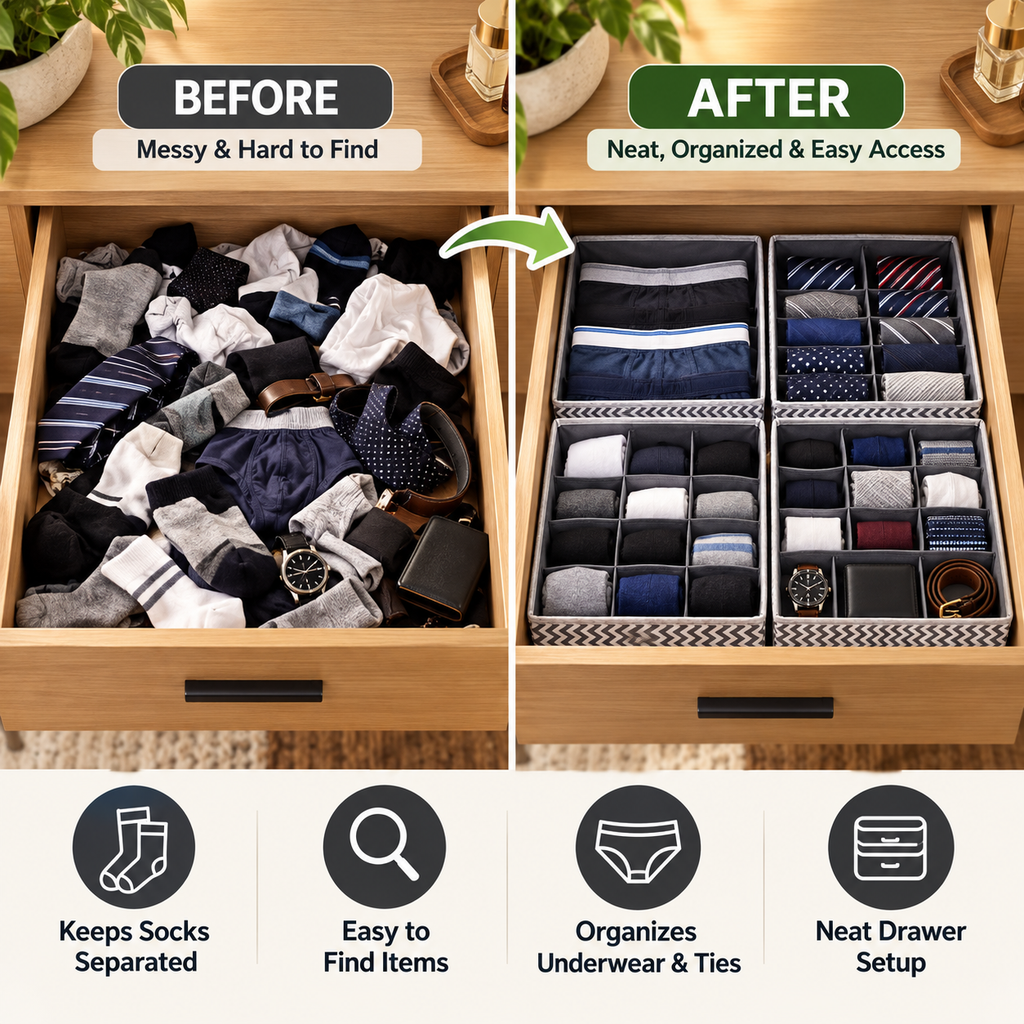 Drawer Organizer with divider For Socks,Undergarments, Ties etc (Set of 4)- 18.2" x 4.7" x 2.7"
