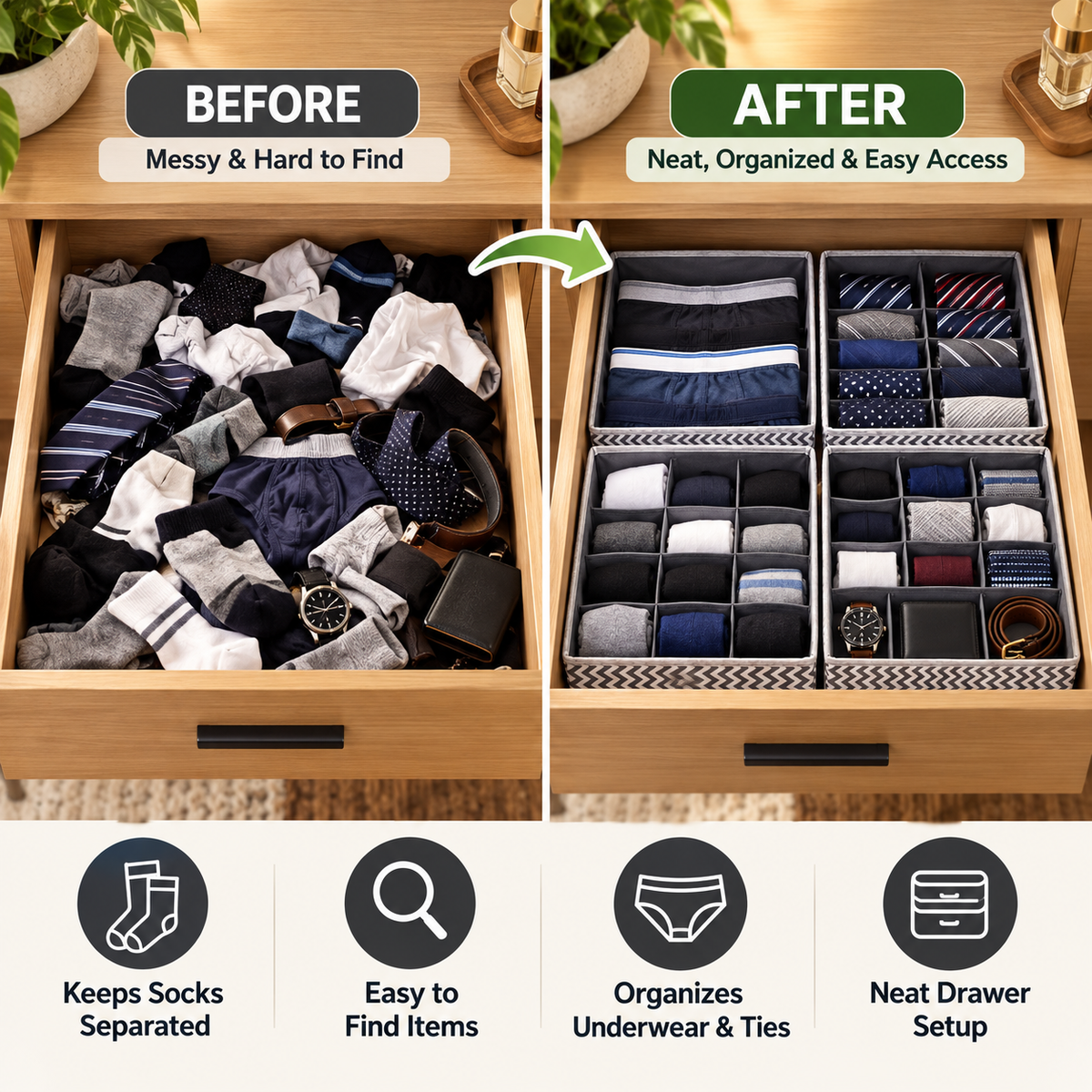 Drawer Organizer with divider For Socks,Undergarments, Ties etc (Set of 4)- 18.2" x 4.7" x 2.7"