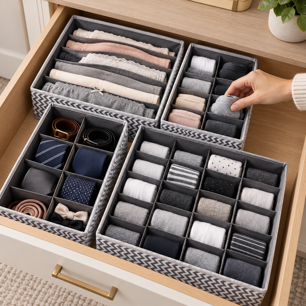 Drawer Organizer with divider For Socks,Undergarments, Ties etc (Set of 4)- 18.2" x 4.7" x 2.7"