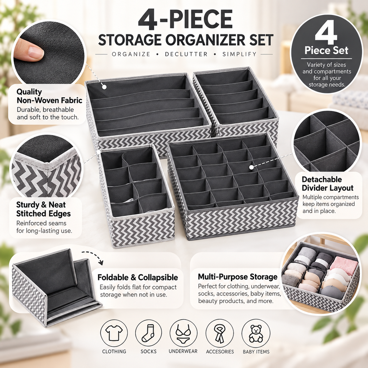 Drawer Organizer with divider For Socks,Undergarments, Ties etc (Set of 4)- 18.2" x 4.7" x 2.7"